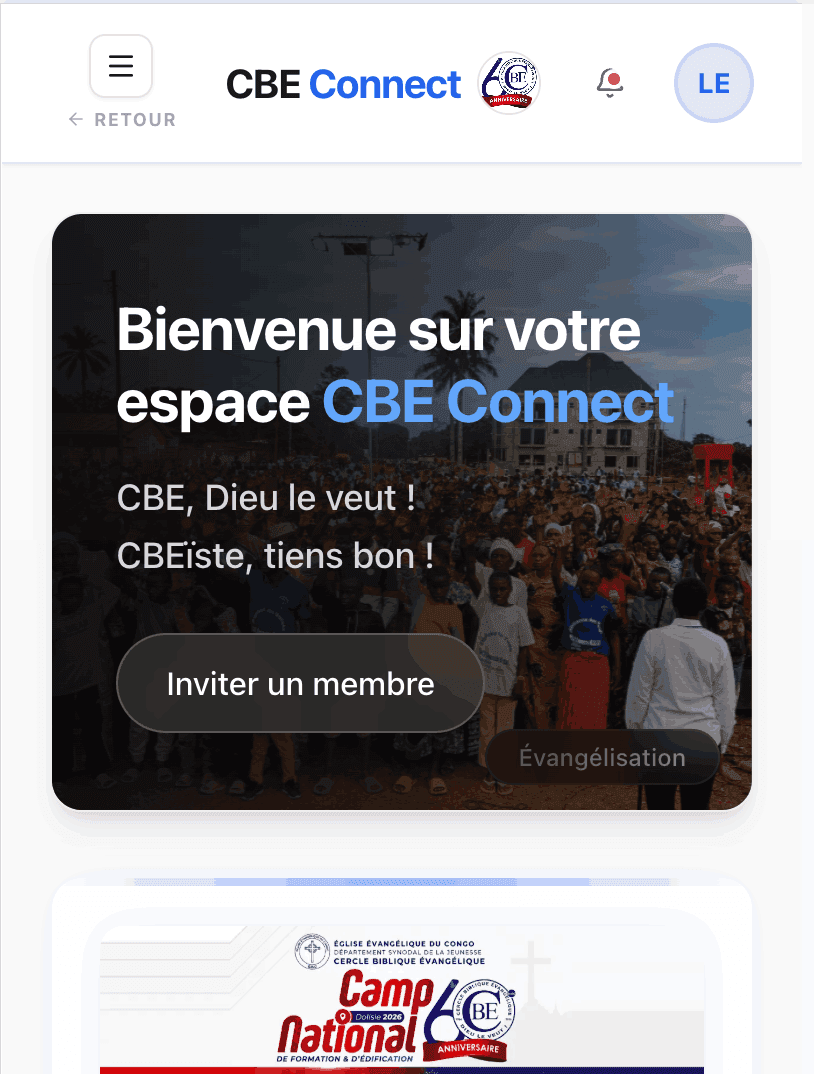 Écran d'accueil CBE Connect